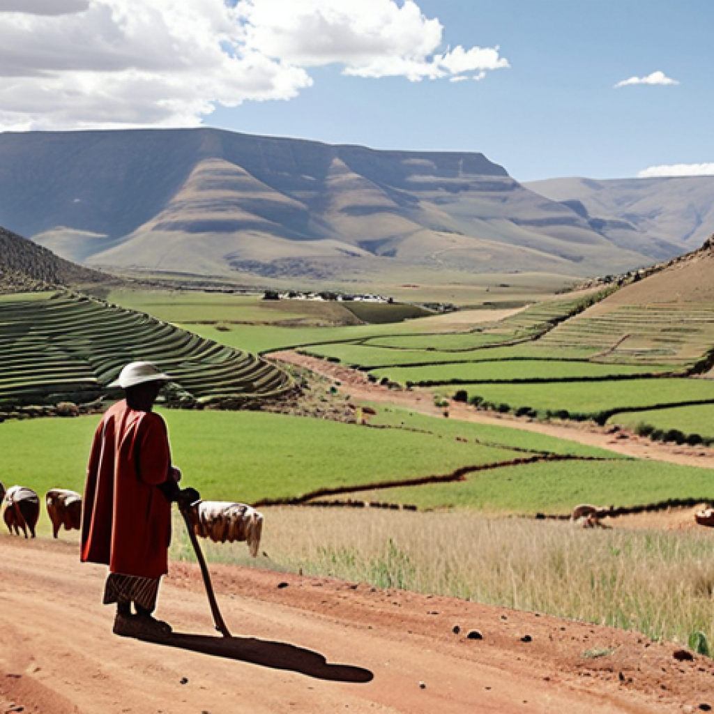 **

A depiction of land disputes in Lesotho. Show overlapping land claims with blurred property lines, reflecting the challenges of traditional land management. Include a farmer looking concerned, symbolizing the impact on agriculture and investment.

**