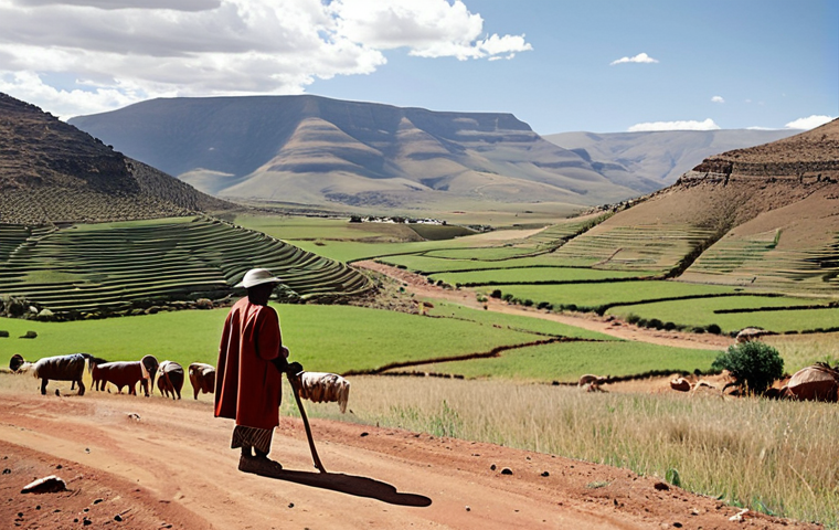 **

A depiction of land disputes in Lesotho. Show overlapping land claims with blurred property lines, reflecting the challenges of traditional land management. Include a farmer looking concerned, symbolizing the impact on agriculture and investment.

**